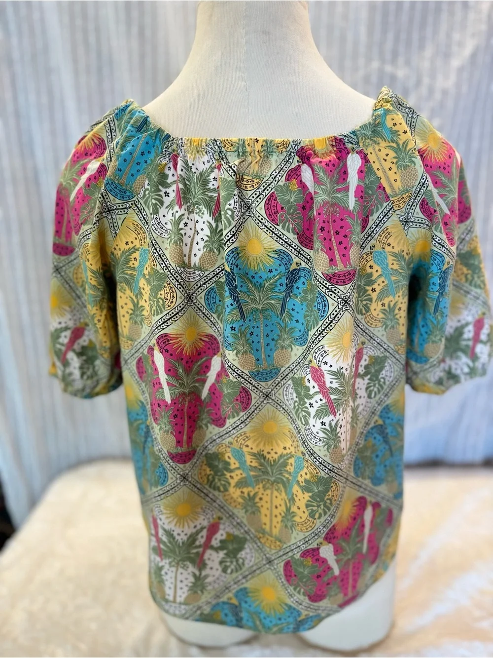 LOFT Tropical Print 100% Cotton Square-Neck Puff Sleeve Blouse in Size Medium